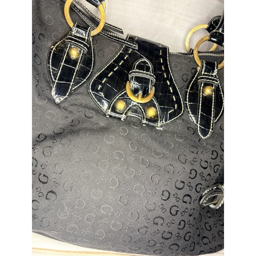 Y2K Guess‎ Black Shoulder Bag Buckle Studded Patent Canvas Chic Glam Designer